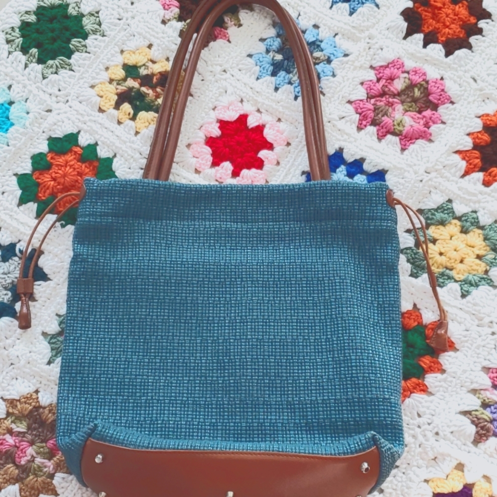 Furla leather and teal straw shoulder bag